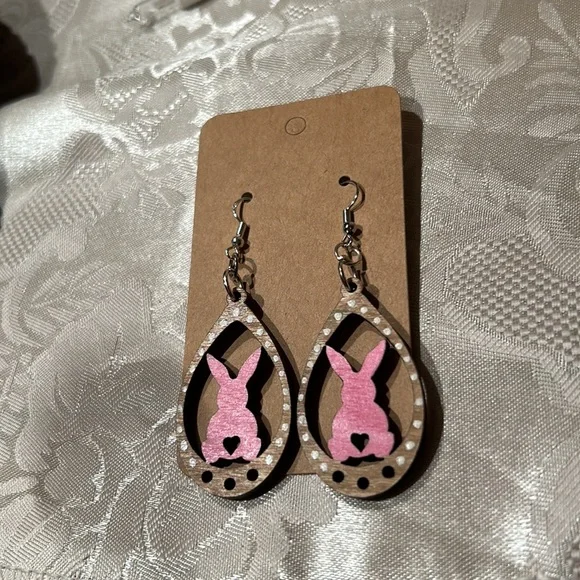 Handmade Pink Bunny Polka Dot Wooden Teardrop Dangle Earrings Easter Spring - Picture 5 of 9